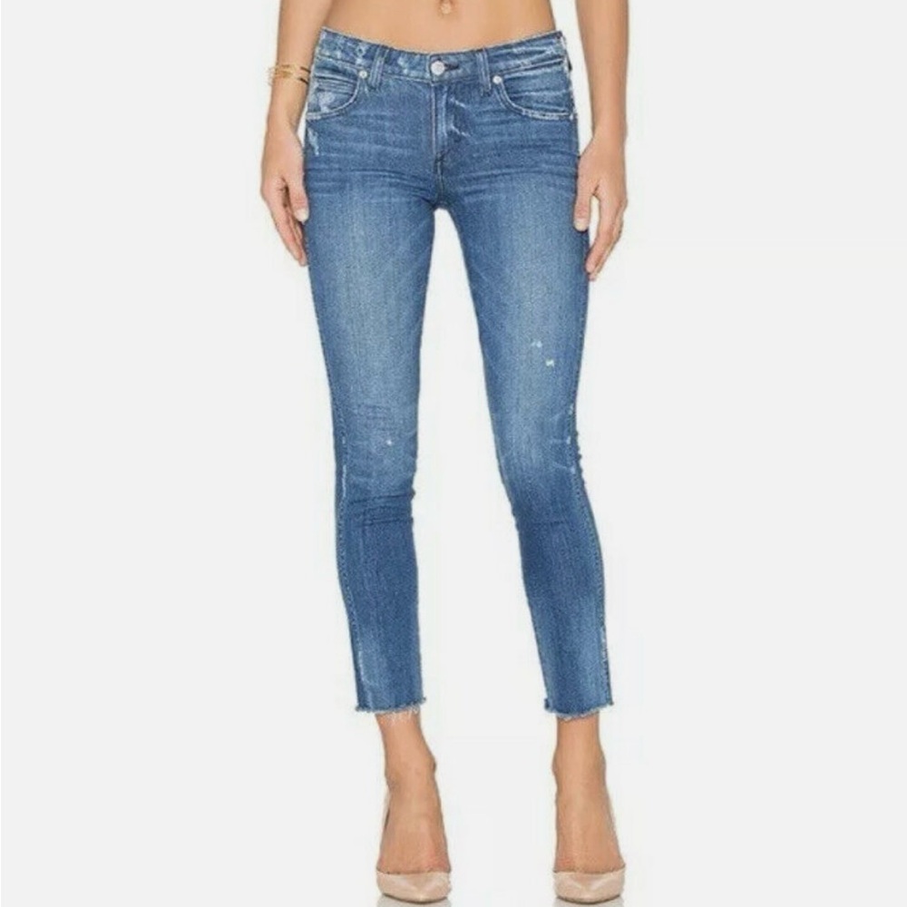 AMO stix crop jeans in color pacific raw hem size 28 Mia rise